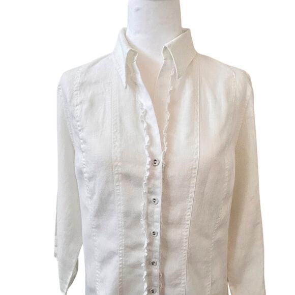 100% LINEN Boho Cottage Button Up Ruffled ecologie Side Slit Size Large - Picture 2 of 9